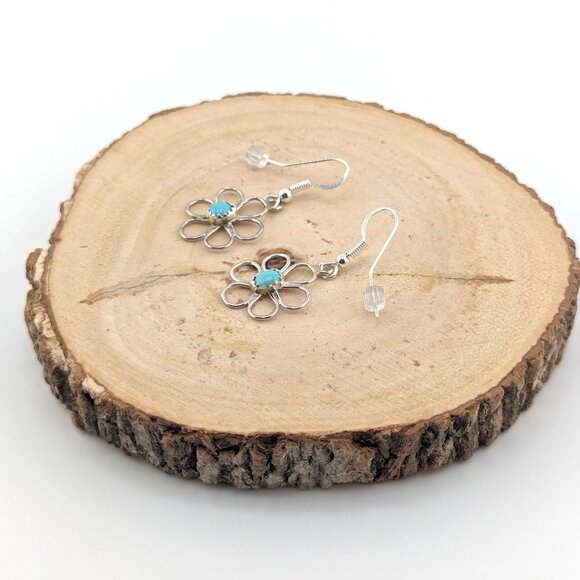 Navajo Floral Wire Turquoise‎ Dangling Earrings Native American Jewelry** - Picture 9 of 11